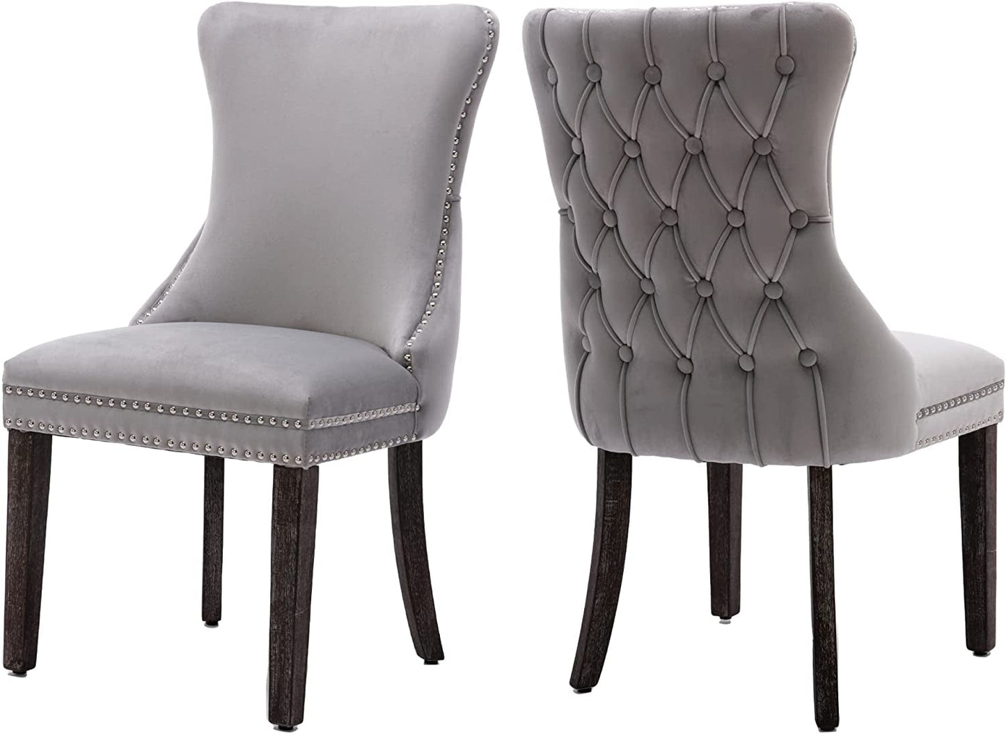 Set of 2 Light Gray Velvet Tufted Wingback Dining Side Chairs, Nailhead, Solid Wood Legs-1