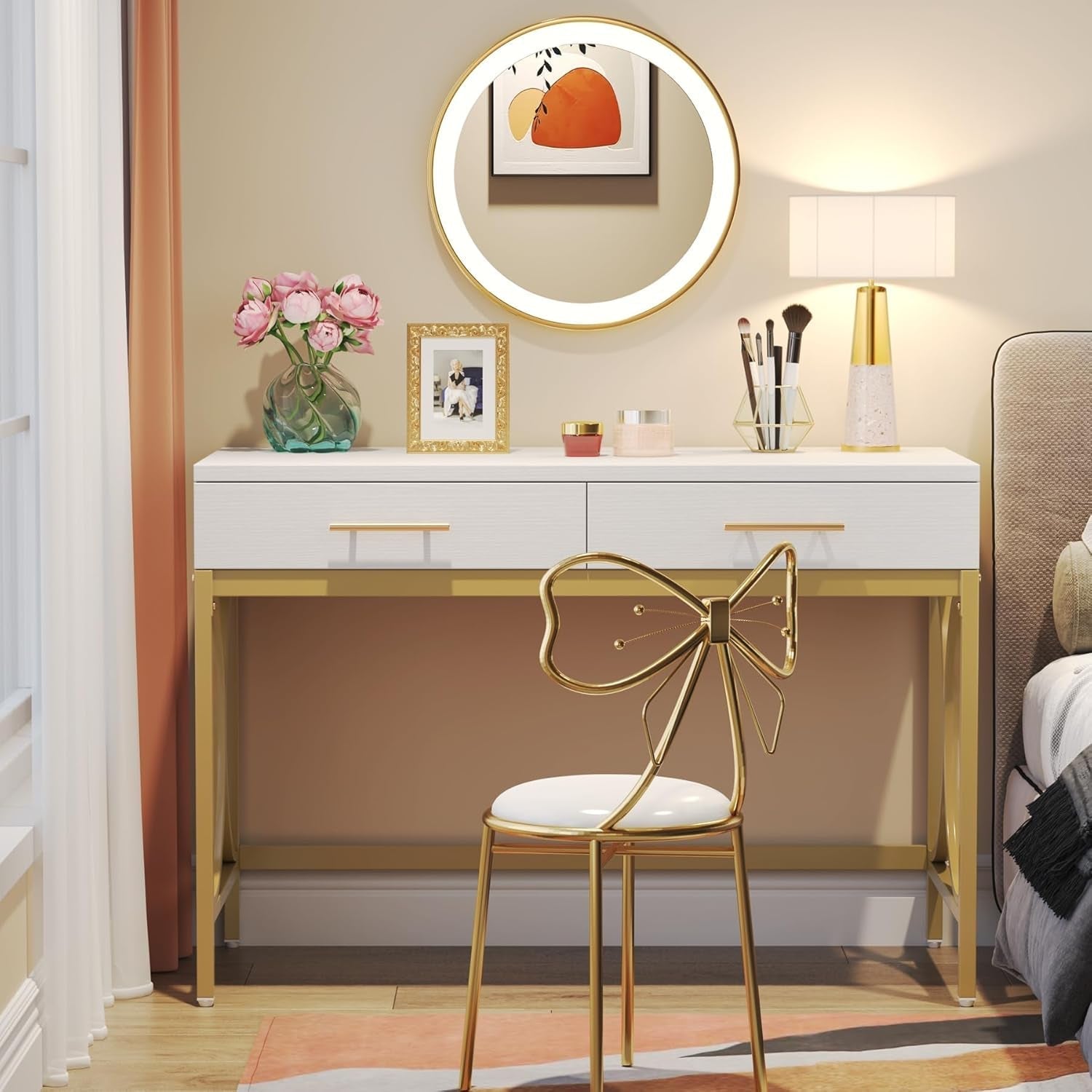Modern Computer Desk with 2 Drawers, 41 Inches Study Writing Office Desk for Home Office, Bedroom, Makeup Vanity Table Desk with Gold Metal Frame, White & Gold-2