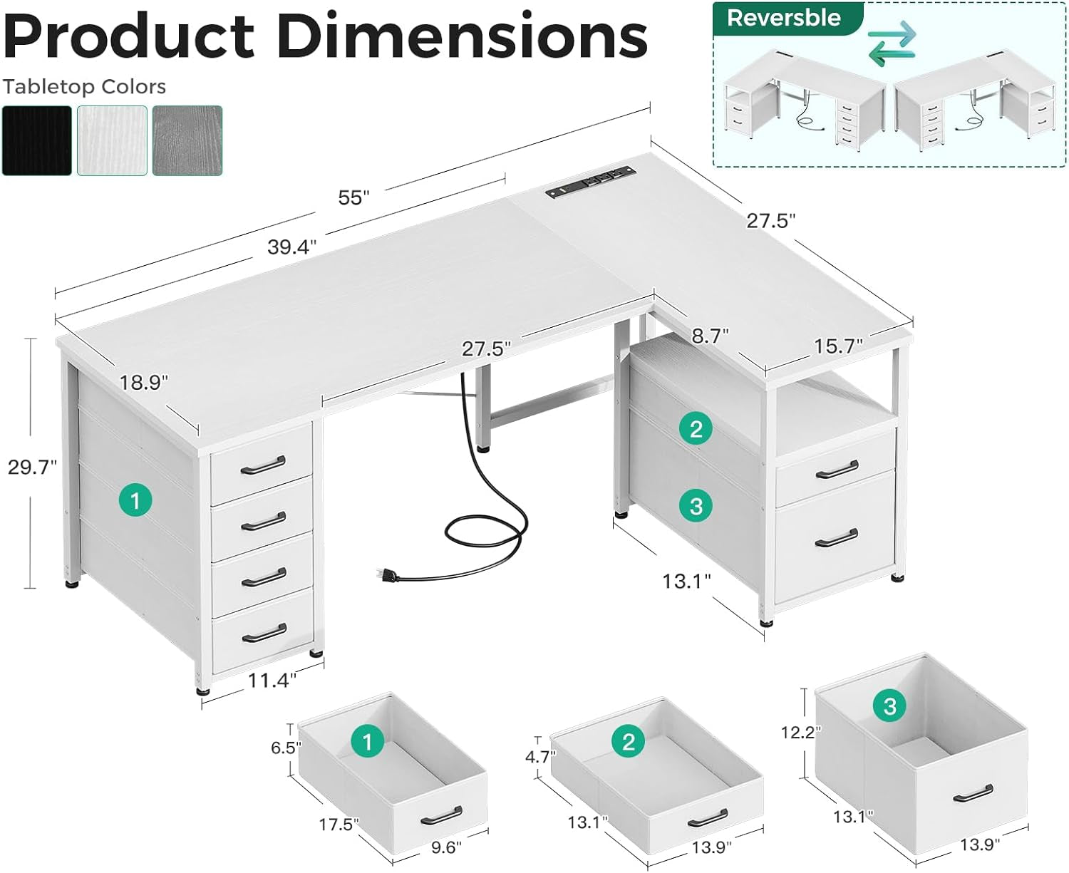 L Shaped Computer Desk with 6 Drawers & Power Outlet, 55 Inch Corner Desk with Reversible Storage Shelf & File Drawer, Home Office Desk, White-2