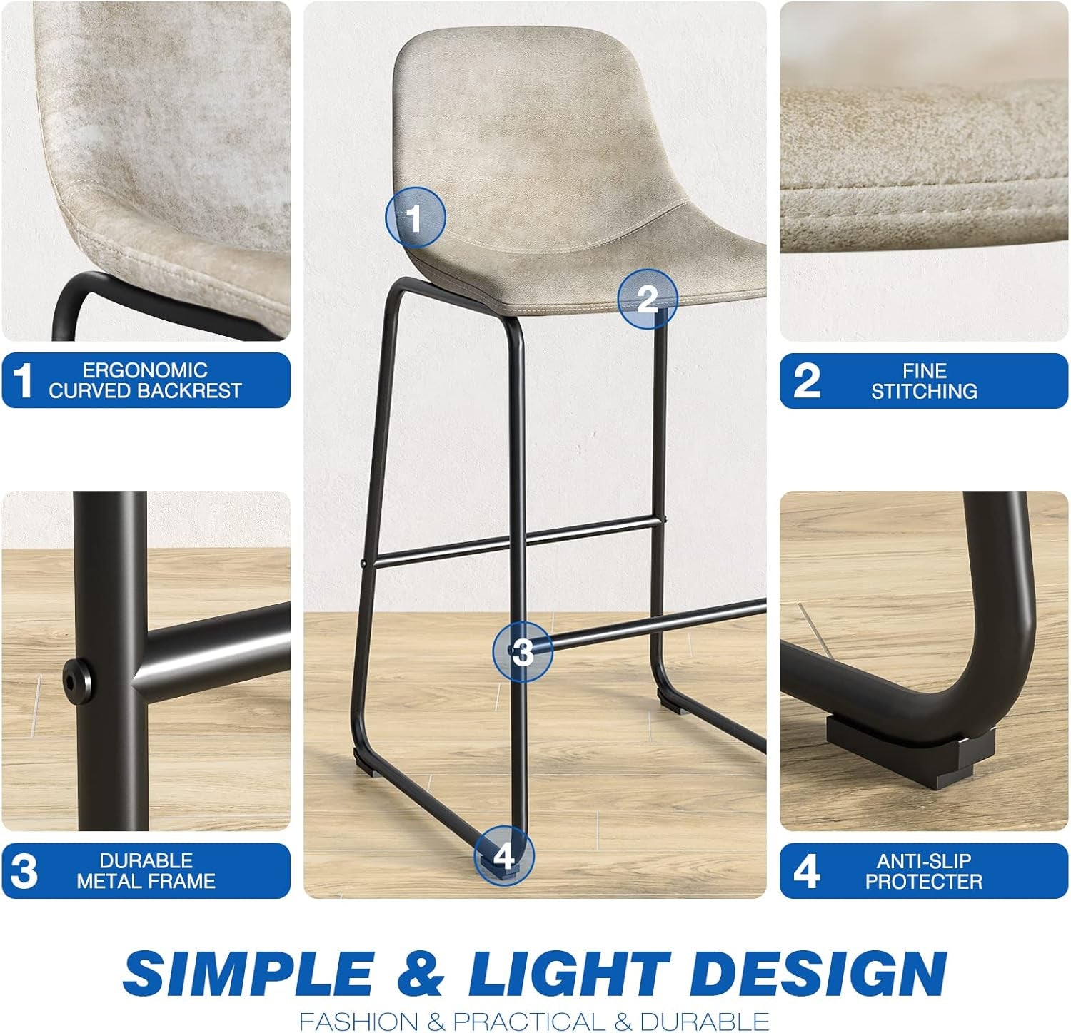 Pu Faux Leather Bar Stools Set of 2, Industrial Pub Barstools with Back and Footrest, Modern Armless Bar Height Stool Chairs (Beige, 30" Barstool X2)-3