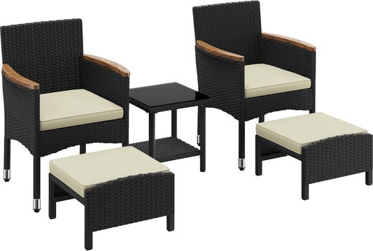 5 Piece Patio Conversation Set, Outdoor Wicker Bistro Furniture, PE Wicker Outdoor Rattan Chairs Set with Coffee Table for Porch, Poolside, Lawn, Garden, Balcony-0