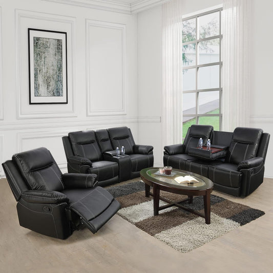Manual Recliner Sofa Set, Bonded Leather Sofa with Recliners, Reclining Couch Set with Storage Console and Cup-Holders for Living Room/House/Bedroom/Office/Apartment (Black / 3 Pieces Set)-0
