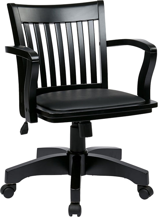 OSP Home Furnishings Deluxe Wood Banker'S Desk Chair with Padded Seat, Adjustable Height and Locking Tilt, Black Finish and Black Vinyl-0
