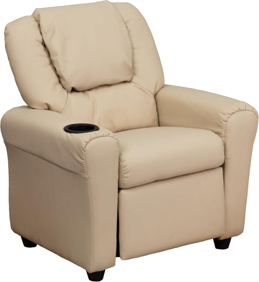 Vana Vinyl Kids Recliner with Cup Holder, Headrest, and Safety Recline, Contemporary Reclining Chair for Kids, Supports up to 90 Lbs., Beige-0
