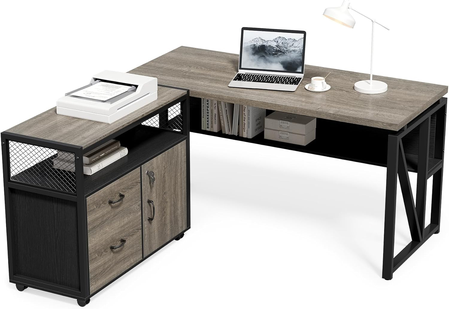 55" Executive Computer Desk and Lateral File Cabinet, L-Shaped Office Desk for Home Office, Furniture Set, Grey-0