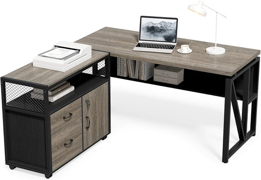 55" Executive Computer Desk and Lateral File Cabinet, L-Shaped Office Desk for Home Office, Furniture Set, Grey-0