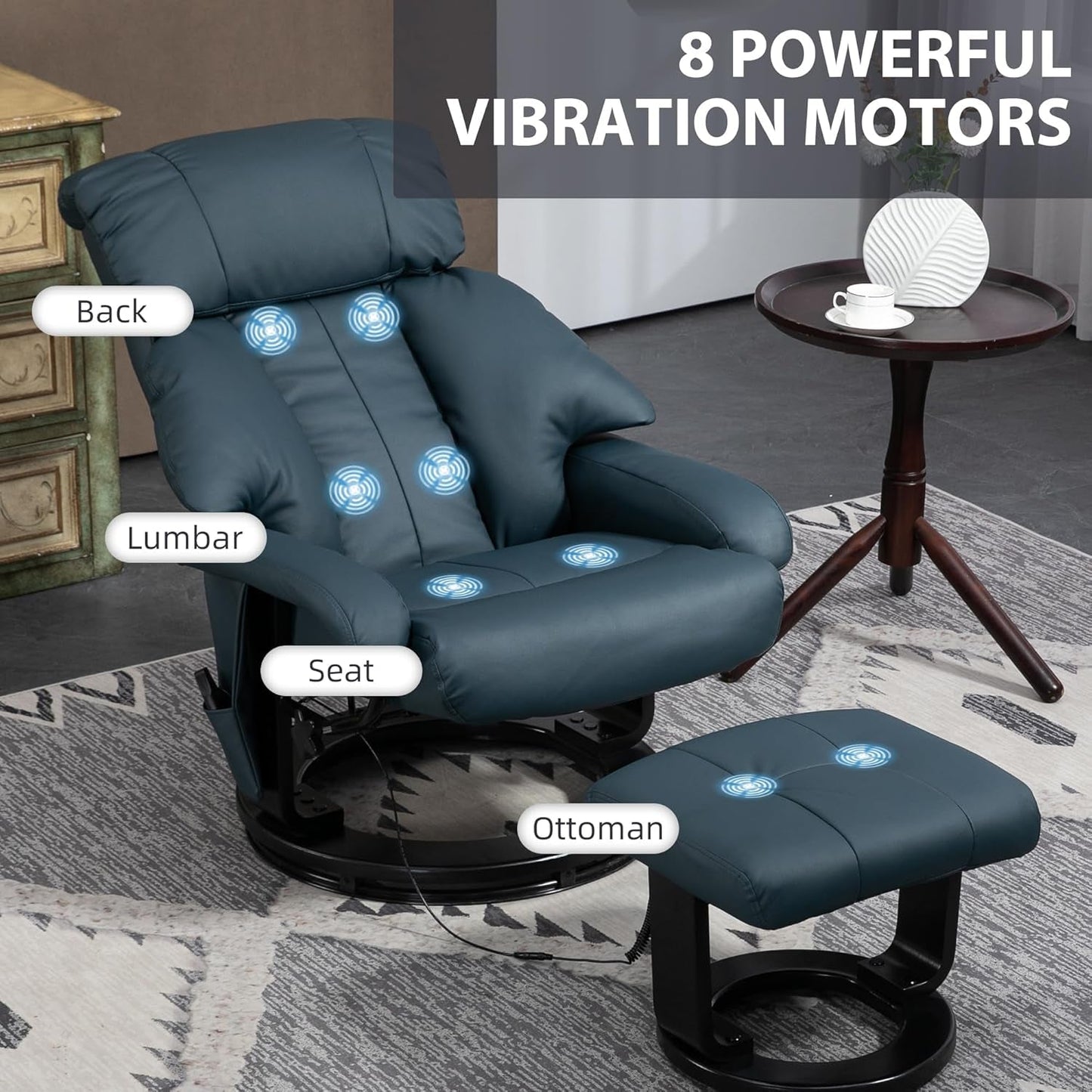 Massage Recliner Chair with Ottoman, 360° Swivel Recliner and Footstool, PU Leather Reclining Chair with Side Pocket and Remote Control, Blue-3