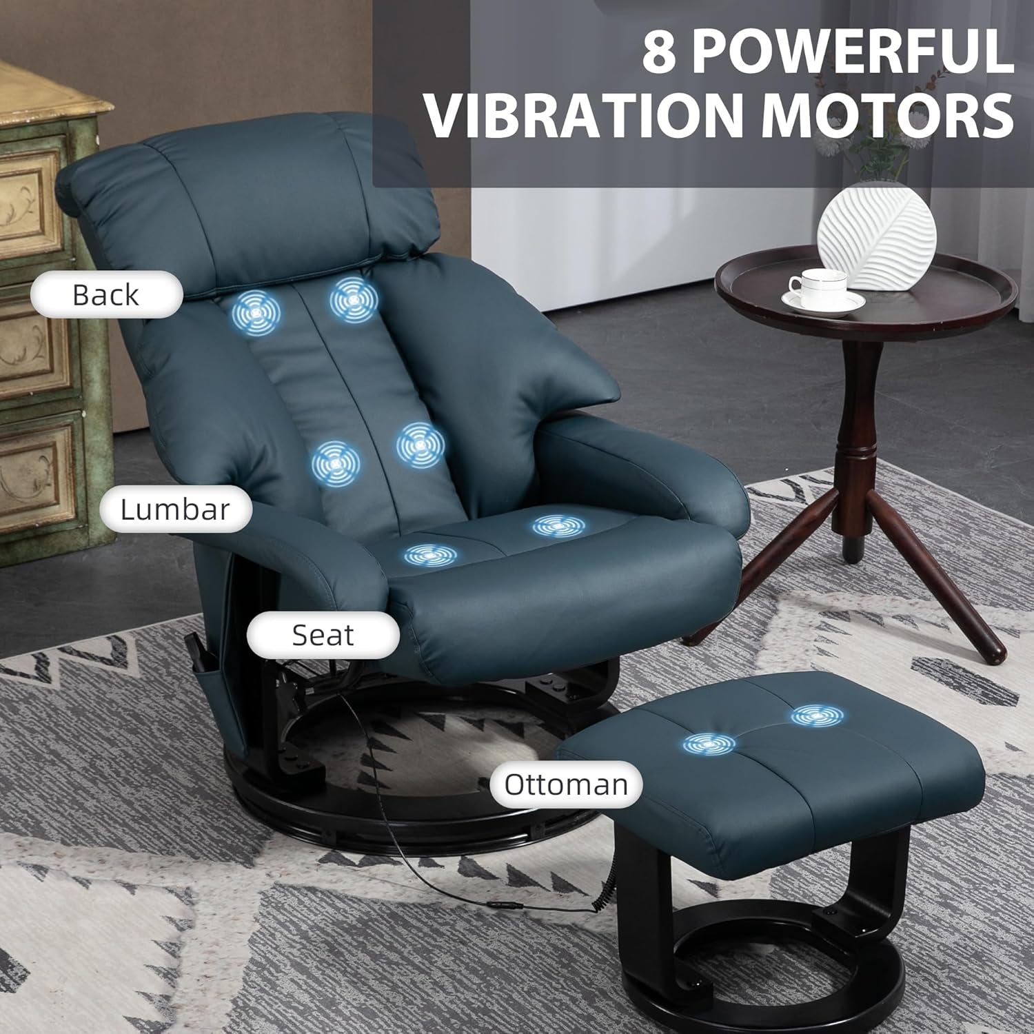 Massage Recliner Chair with Ottoman, 360° Swivel Recliner and Footstool, PU Leather Reclining Chair with Side Pocket and Remote Control, Blue-3
