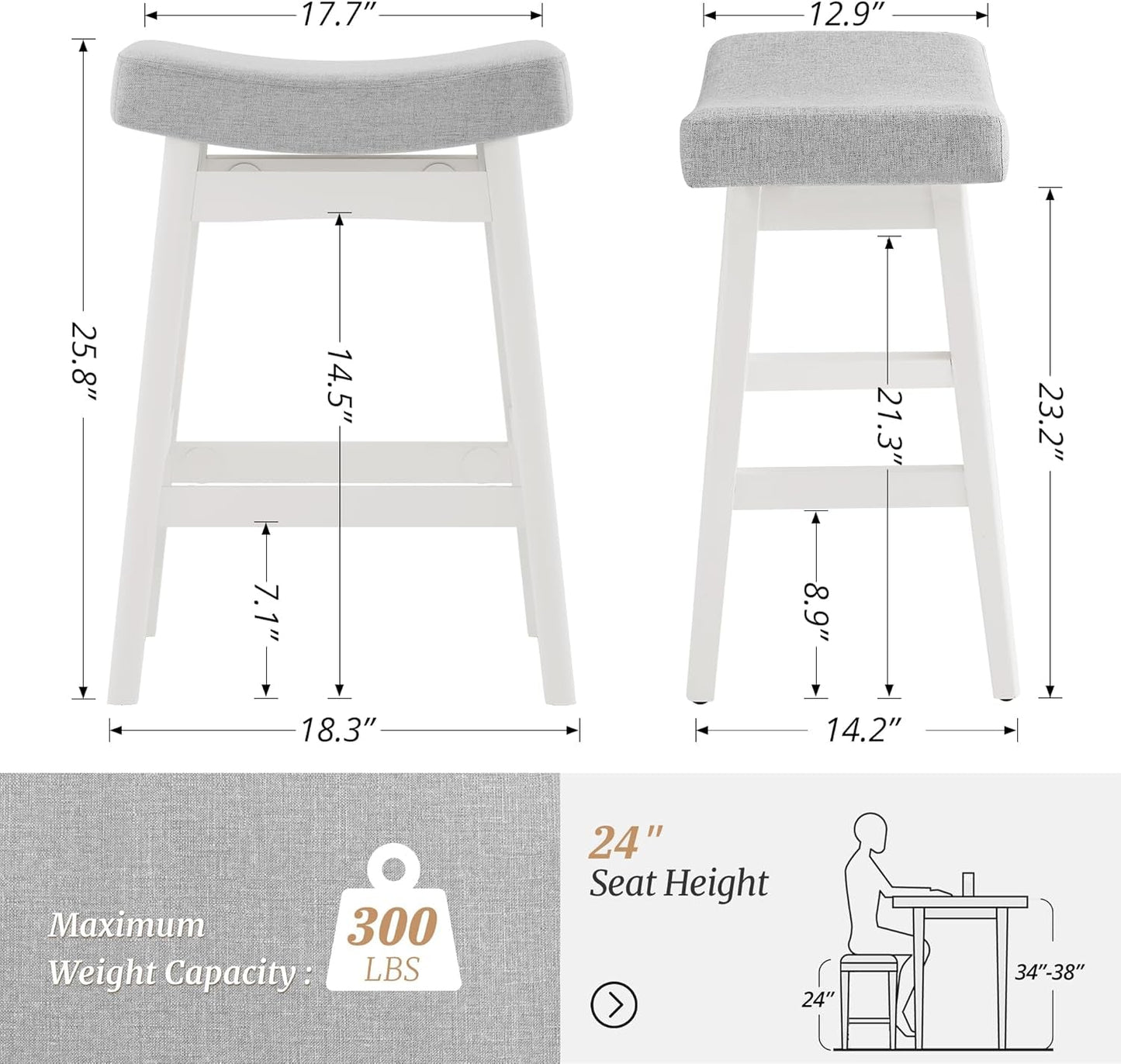 Bar Stools Set of 2, Barstools with Sturdy Wood Legs, Saddle Seat Counter Height Bar Stools for Kitchen Counter, Bar, Dining, 24 Inch Farmhouse Counter Stools, Light Gray-1