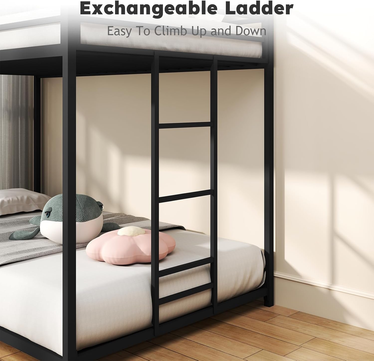 Twin over Twin Bunk Bed, Metal Low Profile Bunkbeds with Full-Length Guardrail and Ladder, Space Saving, No Boxing Spring Needed, Black-4