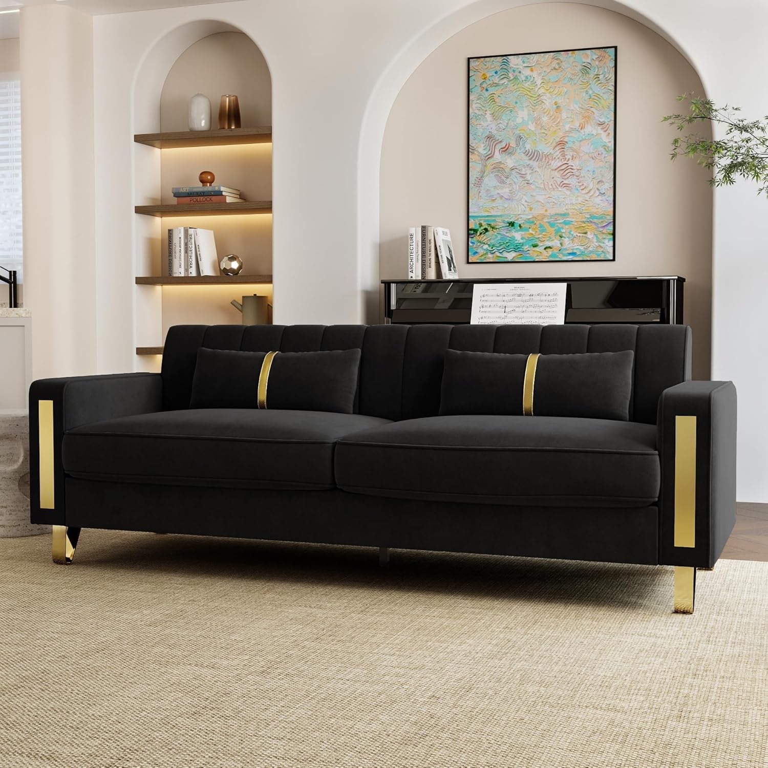 2-Piece Loveseat Couch Set for Living Room, 86" Black Velvet Sofa Couch with 4 Pillows & Gold Metal Legs, Modern Upholstered Sofa Set Love Seat Sectional Couches for Apartment Home Office-2