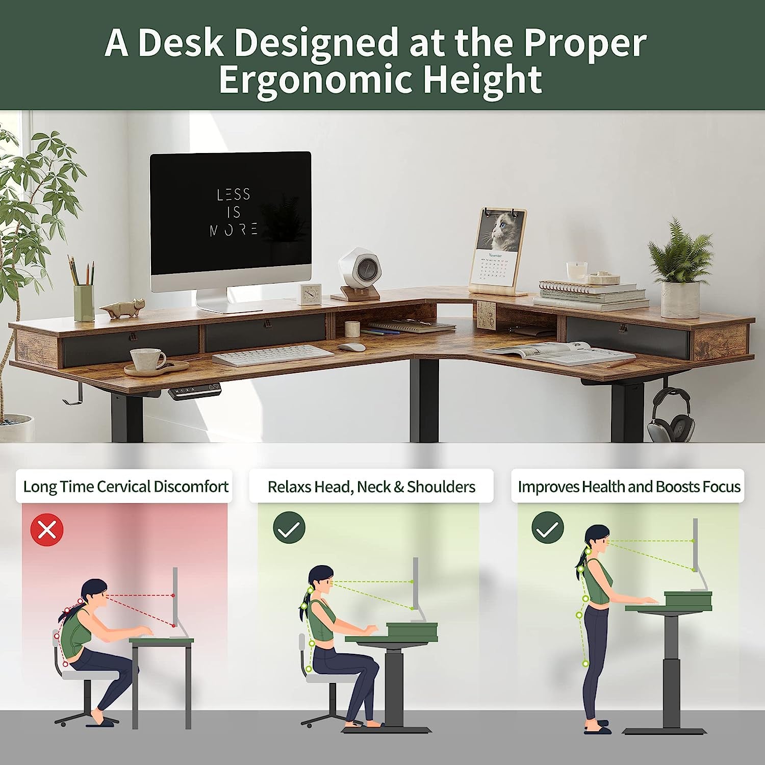 Triple Motor Standing Desk, L-Shaped, Rustic Brown-2
