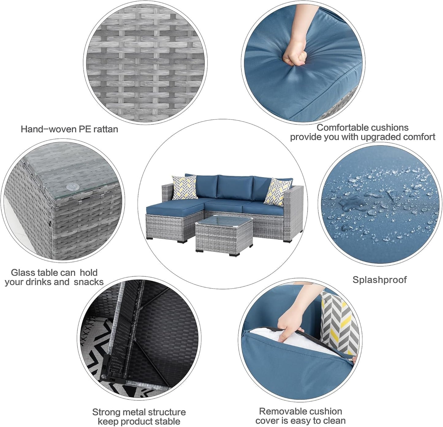 Patio Furniture Sets 3 Pieces Outdoor Sectional Sofa Silver All-Weather Rattan Wicker Sofa Small Patio Conversation Couch with Washable Cushion and Glass Table(Aegean Blue)-3