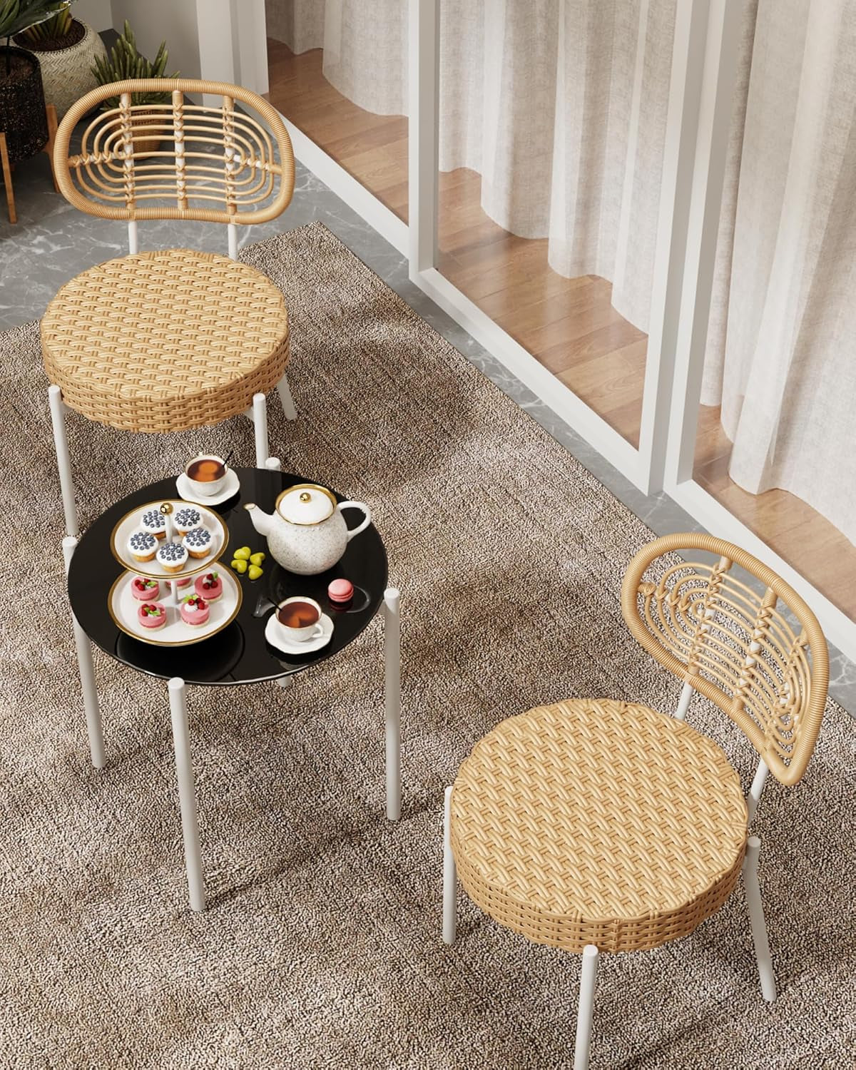 3 Pieces Patio Set, Outdoor Wicker Bistro Set All-Weather Rattan Deck Conversation Set of 3 with Table & Cushions for Deck, Patio, Balcony, Backyard, Brown & White-0