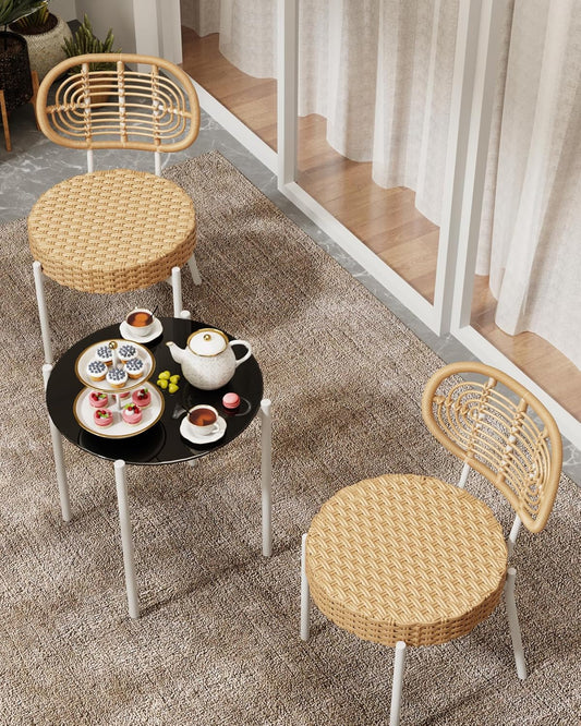 3 Pieces Patio Set, Outdoor Wicker Bistro Set All-Weather Rattan Deck Conversation Set of 3 with Table & Cushions for Deck, Patio, Balcony, Backyard, Brown & White-0