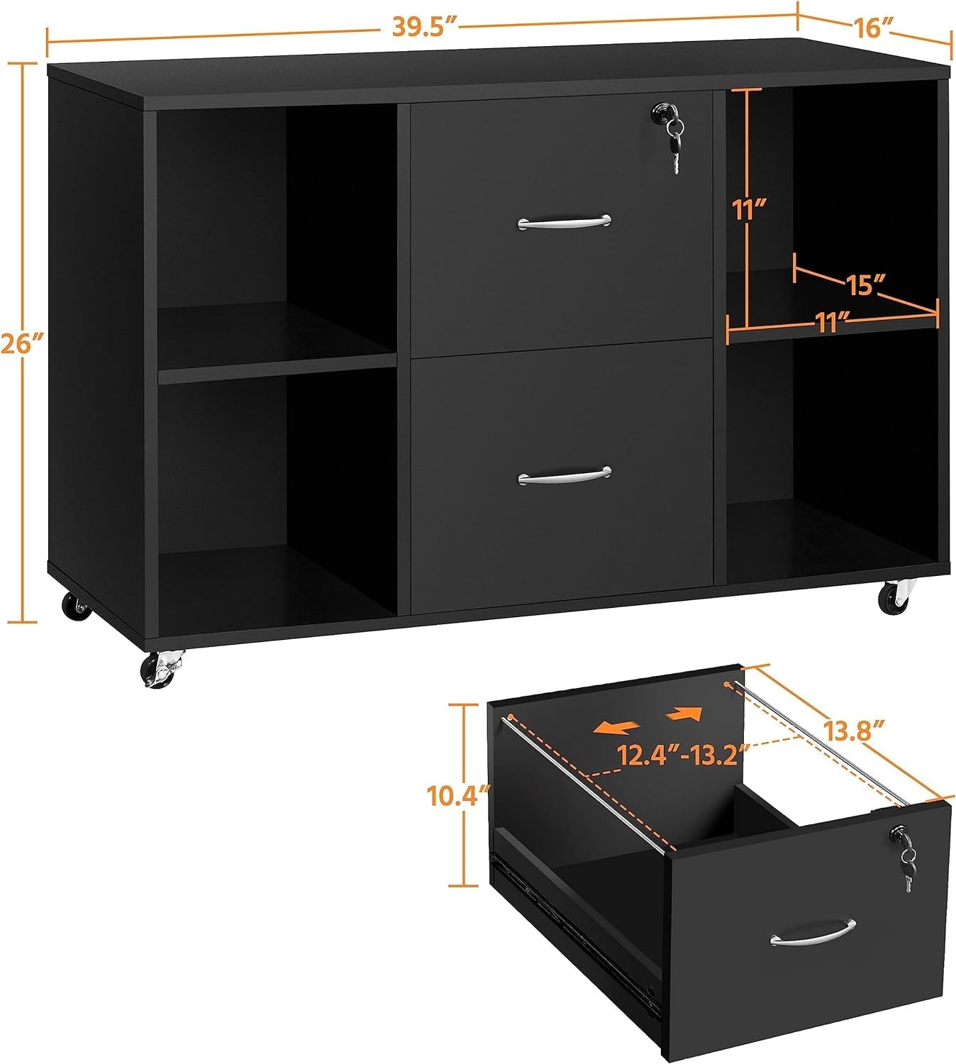 Black File Cabinet Large Mobile Storage Lateral Filing Cabinet with 2 Drawer and 4 Open Compartments,For Letter Size A4 Size, Printer Stand for Home Office, Black-2