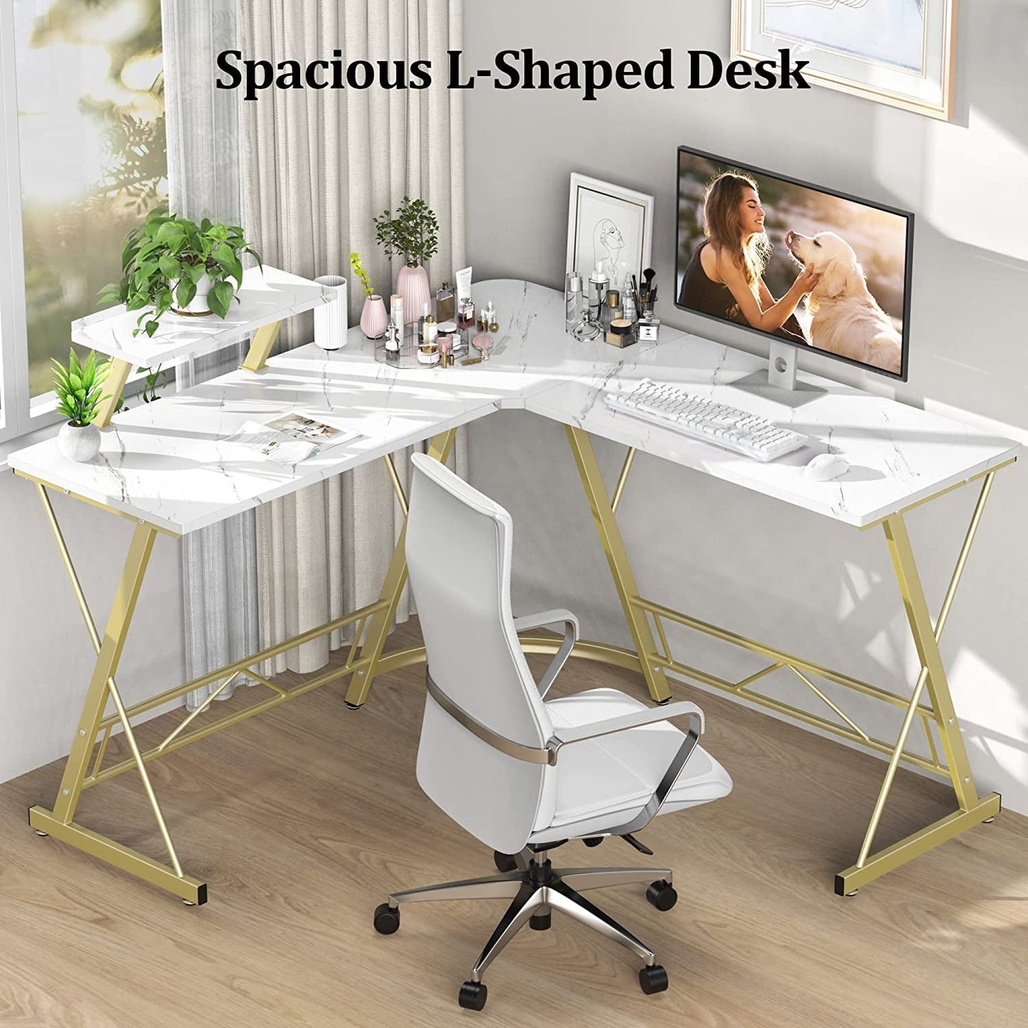 Marble Laminate L-Shaped Gaming Desk with Monitor Stand-3
