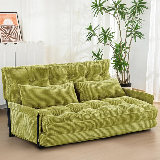 Adjustable Floor Sofa Couch with 2 Pillows, Multi-Functional Bean Bag Bed, 5-Position Foldable Lazy Sofa Sleeper Bed with Armrest, Versatile Floor Seating Sofa for Reading, Green, Double-0