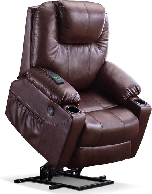 Electric Power Lift Recliner Chair Sofa with Massage and Heat for Elderly, 3 Positions, 2 Side Pockets, and Cup Holders, USB Ports, Faux Leather 7040 (Dark Brown, Medium)-0