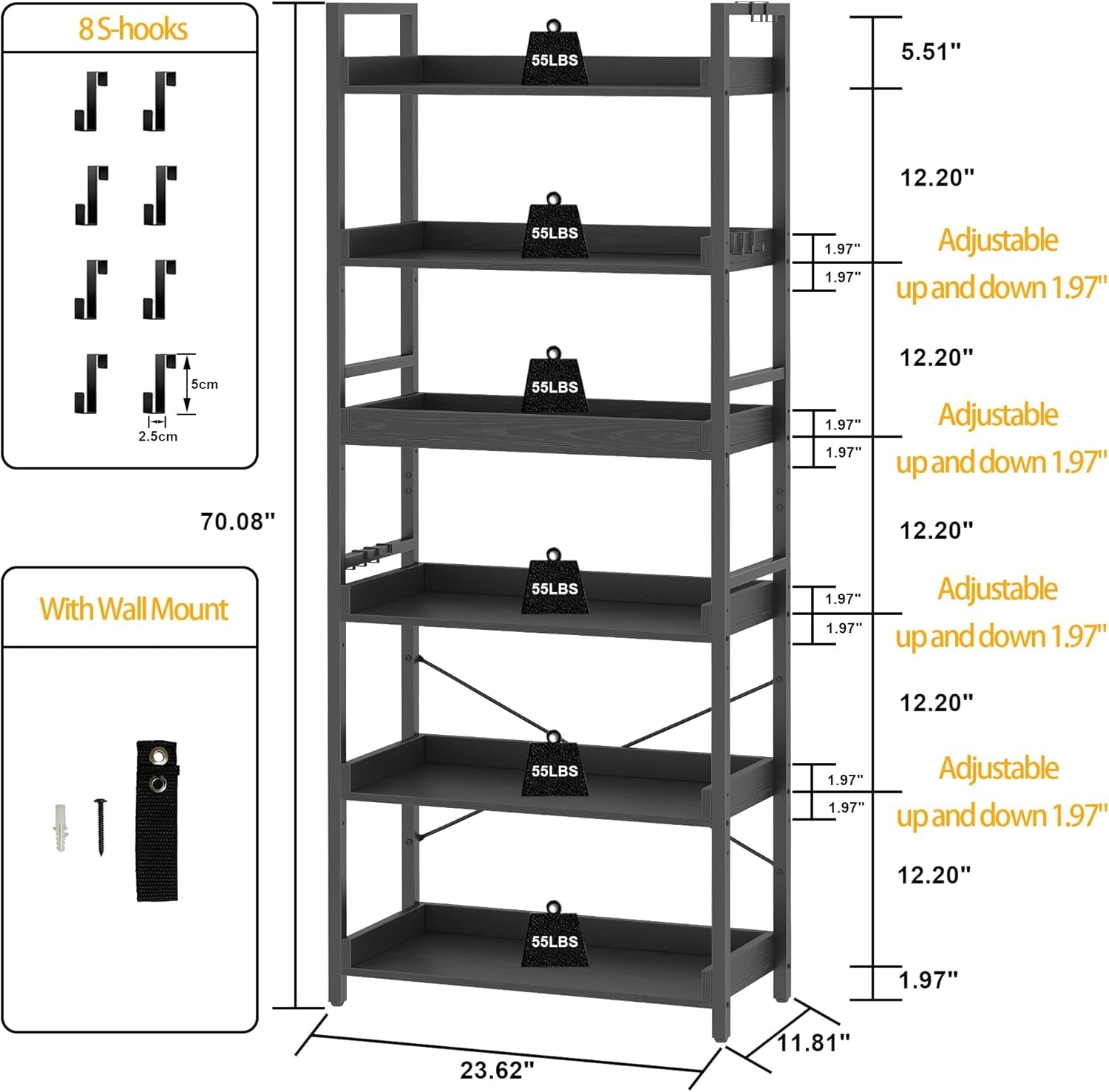6 Tier Bookshelf, Adjustable Industrial Bookcase, Vertical Tall Book Shelf, Wood and Black Metal Open Bookshelves for Home Office, Living Room, Bedroom, 70 Inch-2