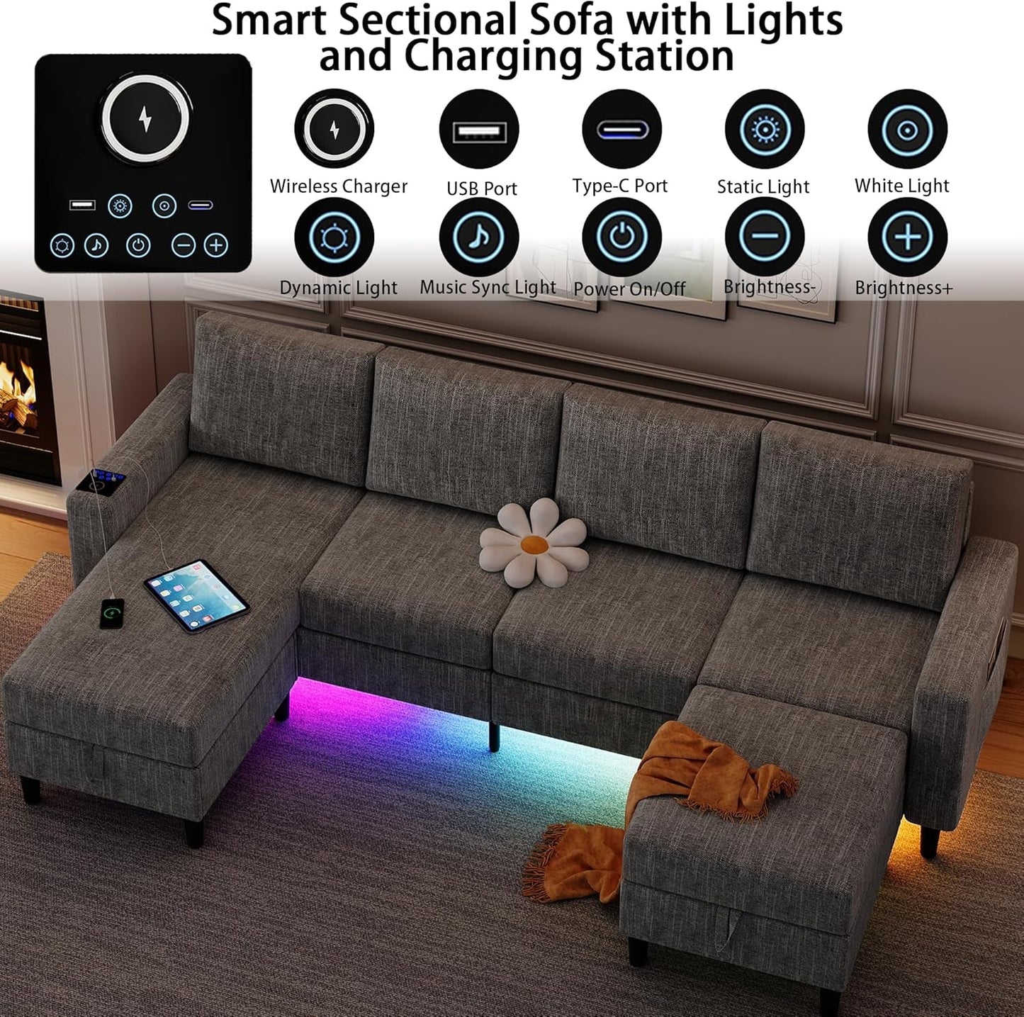 Sectional Couches for Living Room, 4 Seat Linen Sectional Sofa with Reversible Chaise Lounge/Storage Ottoman, U Shaped Couch with Smart Module-Wireless Charging/Usb/Type-C/Rgb Light (Light Grey)-2