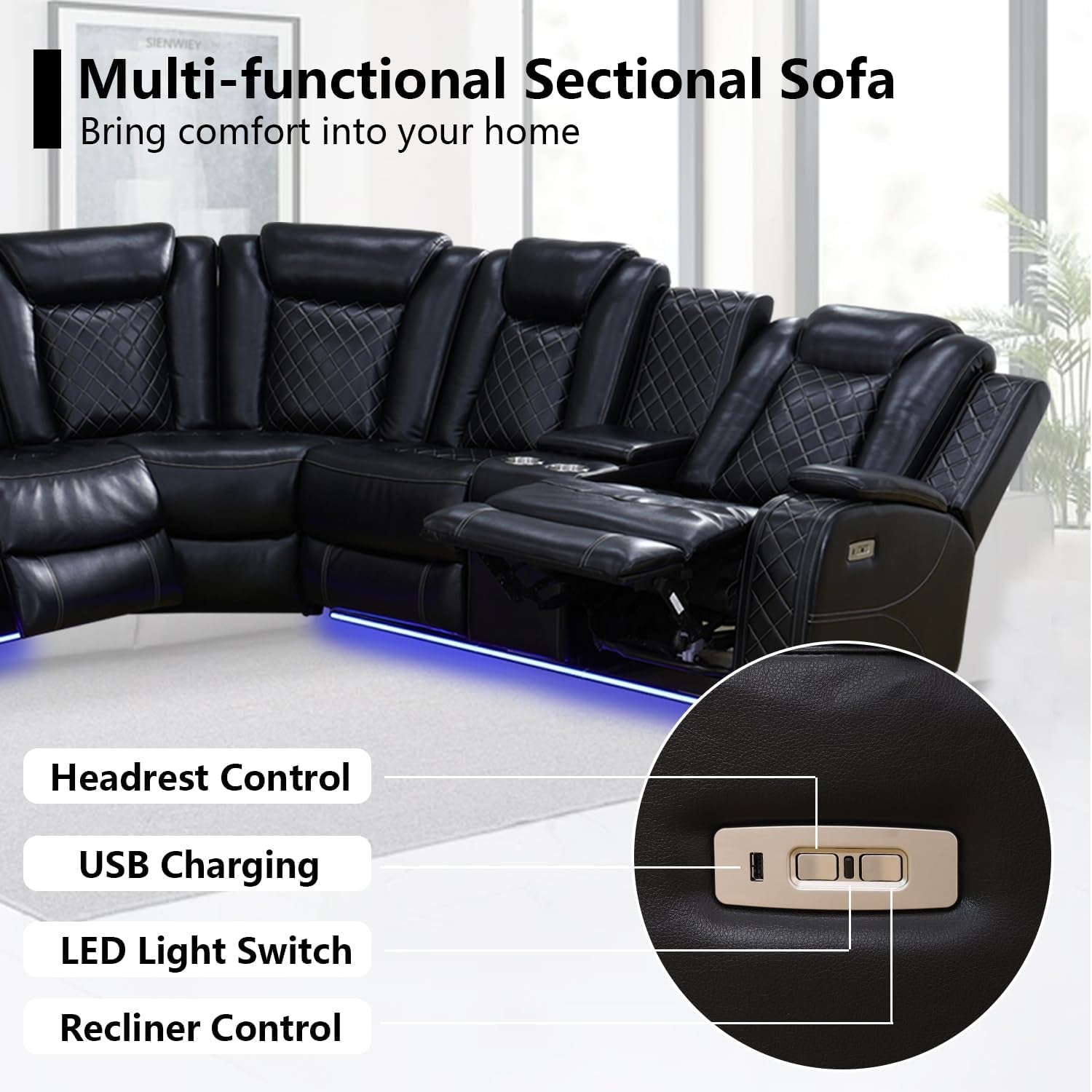 Black Leather Power Reclining Sectional Sofa，Sectional Couch with Recliner Living Room Set with LED Light/Read Light/Storage Console/Usb Port/Wireless Charge/Home Theater Seat-2