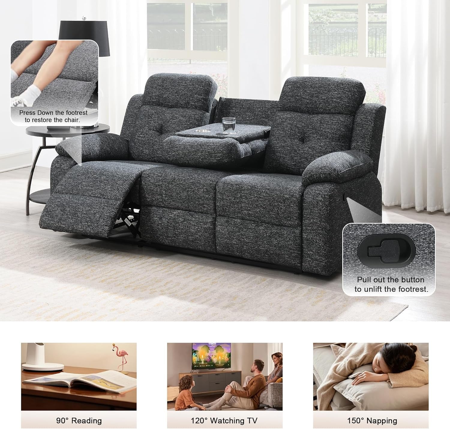 Breathable-Chenille-Fabric-Reclining-Sofa-And-Loveseat-Set, Double-Recliner-For-Living-Room, Manual-Reclining-Sofa,Soft/Drop down Table(Charcoal Gray)-3