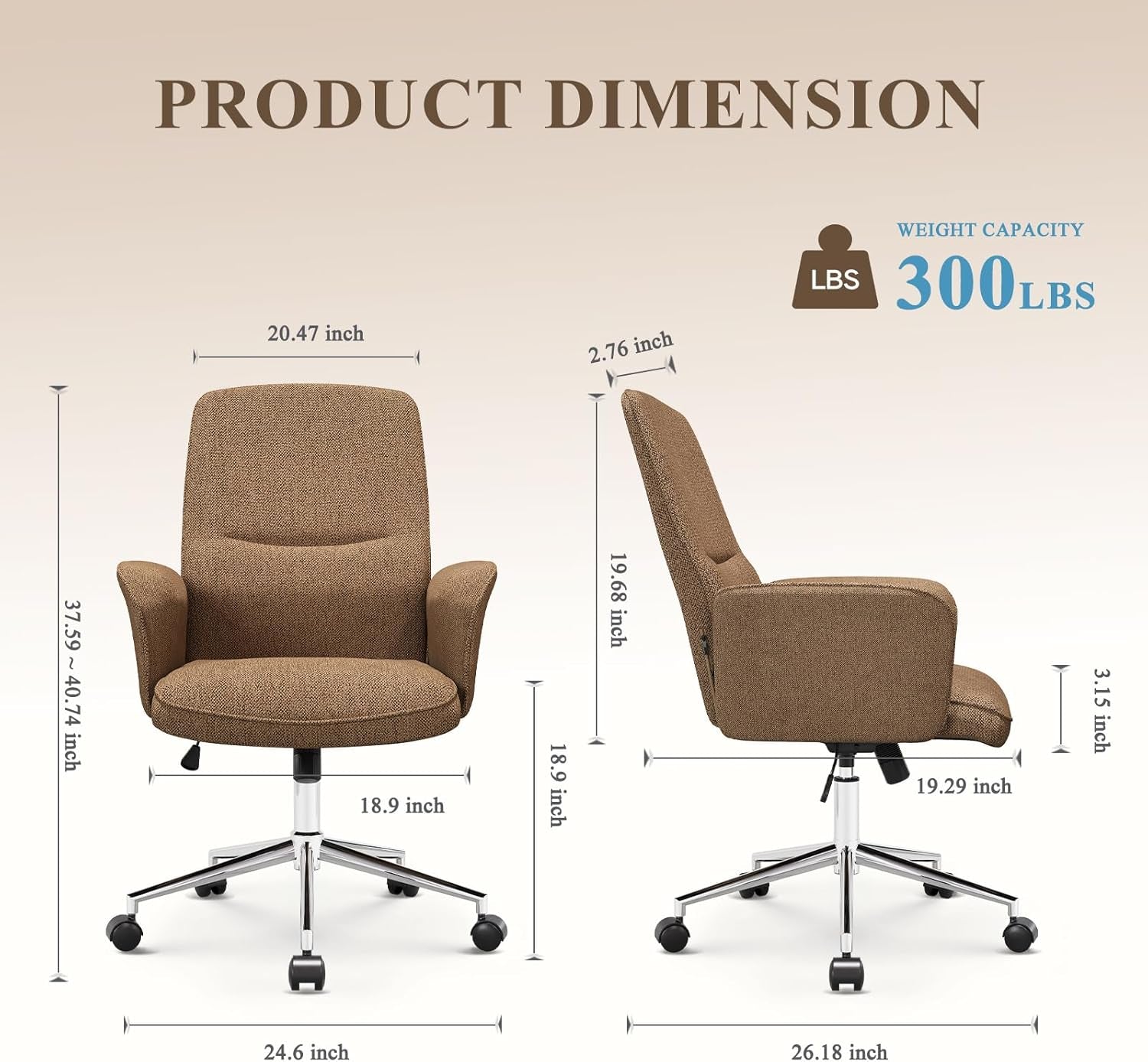 Comfy Office Desk Chair, Upholstered Fabric Computer Desk Chair, Criss Cross Chair with Wheels and Armrests, Swivel Adjustable Vanity Chair for Home, Makeup, Office, Bedroom, Camel-2