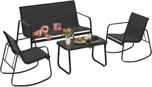 4-Piece Patio Furniture Set, Textilene Conversation Set with 2 Rocking Chairs and Tempered Glass Coffee Table, Perfect for Indoor Patio Lawn Garden Poolside, Black-0