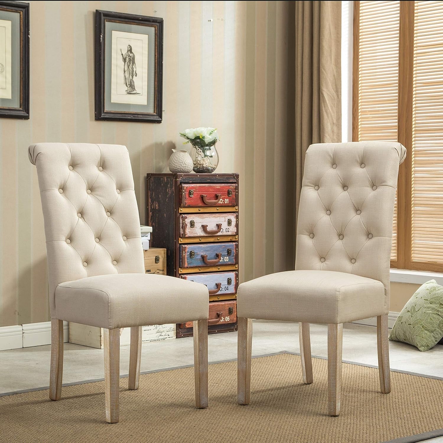 Habit Solid Wood Tufted Parsons Dining Chair (Set of 2), Tan-1