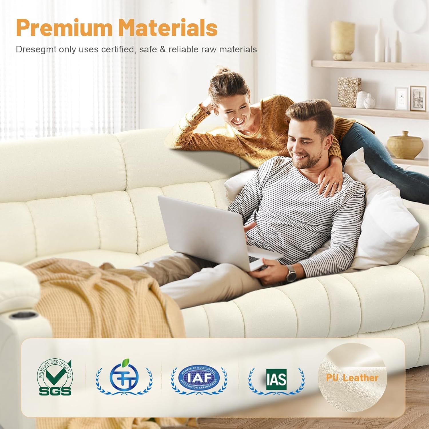 Loveseat Recliner Sofa, Flip Middle Backrest Design PU Leather 3 Seat Reclining Sofa with Storage Drawer, Manual Couch for Living Room (Ivory White, PU)-2