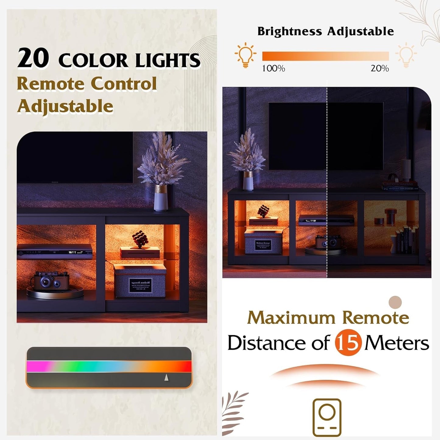 LED TV Stand for 65-Inch TV, 58-Inch Entertainment Center with Adjustable Glass Shelves, Modern Media Console for Living Room & Bedroom, Black-3