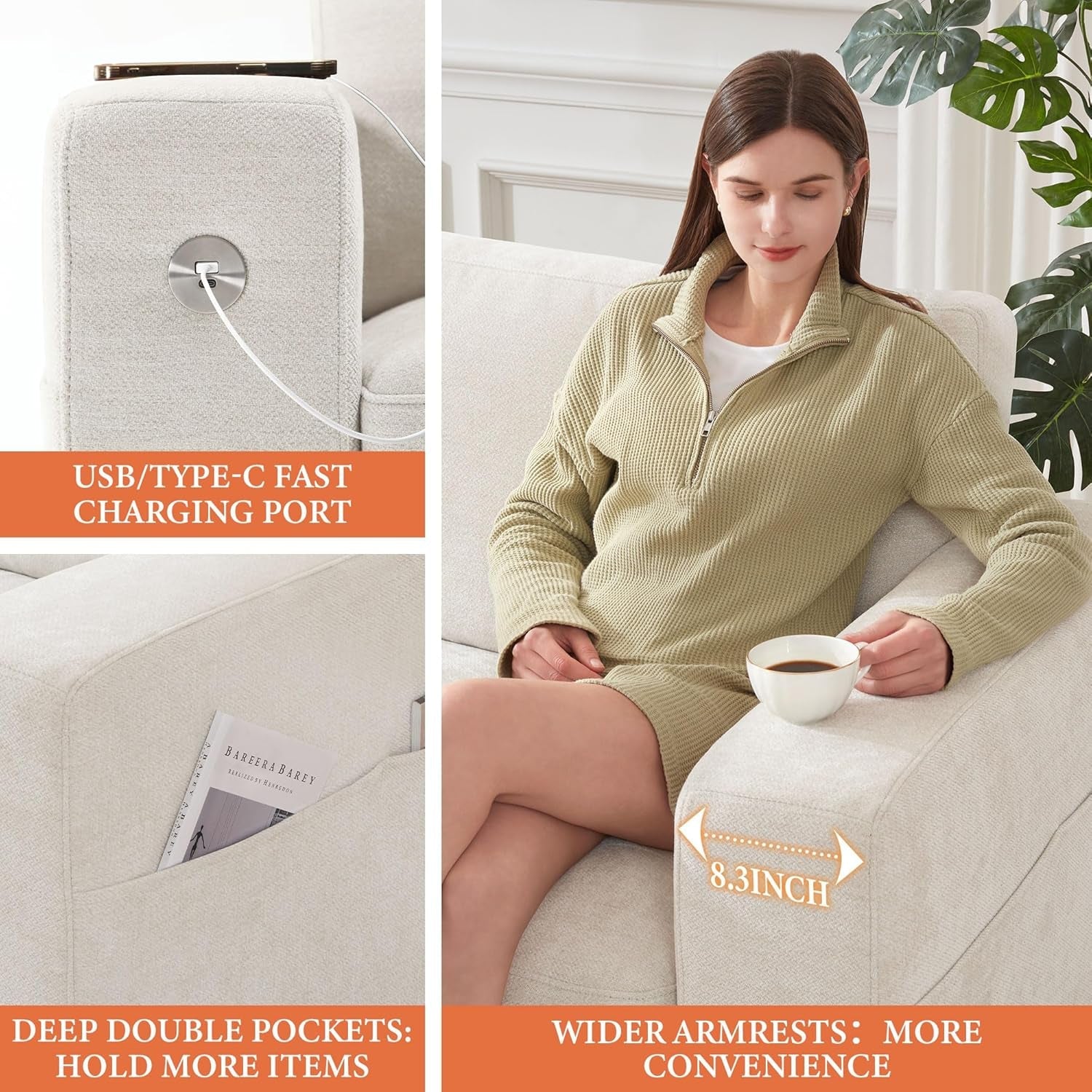 Sofa 70 Inch Loveseat with Usb/Type-C Charging Port & Side Pocket, Comfy Modern 2-Seats Sofa for Living Room & Bedroom, Removable Medium Firm Sofa Cushion, Breathable Chenille Fabric, Beige-2