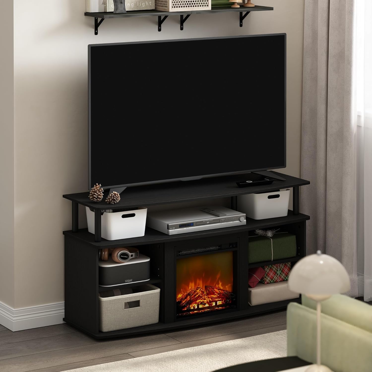Jensen Open Shelving Storage Fireplace TV Entertainment Center for TV up to 55 Inch, Americano/Black-2