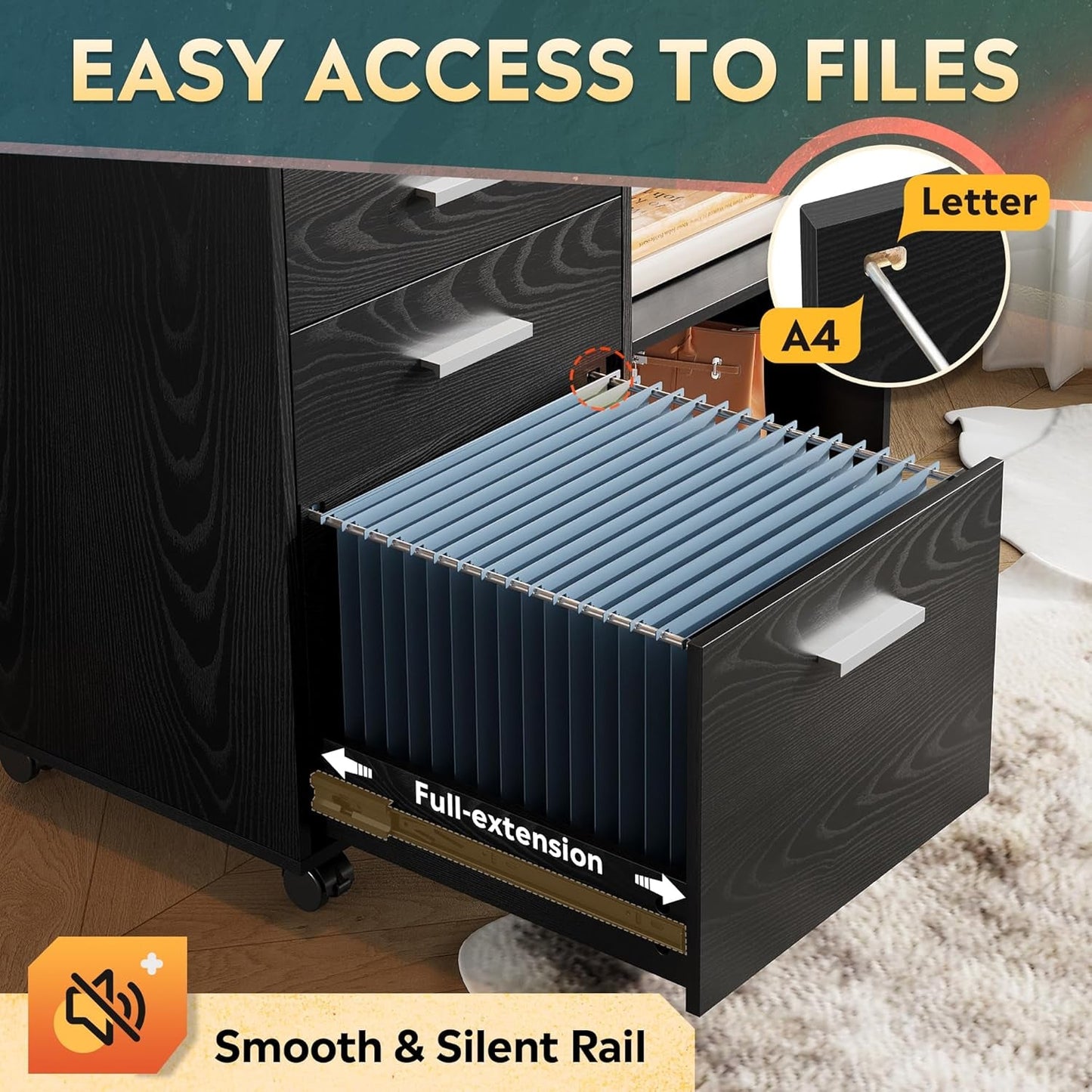 3 Drawer Mobile File Cabinet, Wood Lateral Filing Cabinet, Printer Stand with Open Shelves for Home Office, Black-4