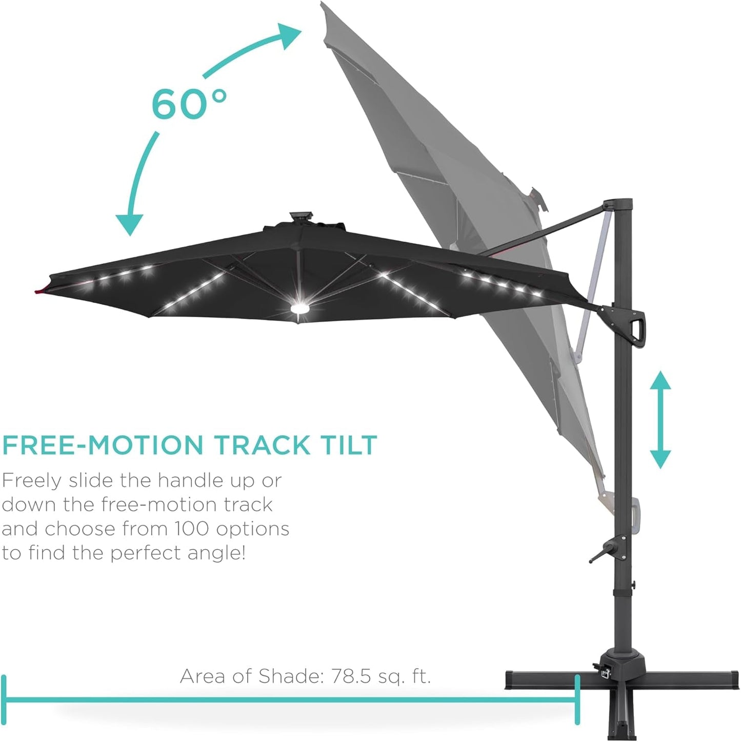 10Ft Solar LED Cantilever Patio Umbrella, 360-Degree Rotation Hanging Offset Market Outdoor Sun Shade for Backyard, Deck, Poolside W/Lights, Easy Tilt, Cross Base-4