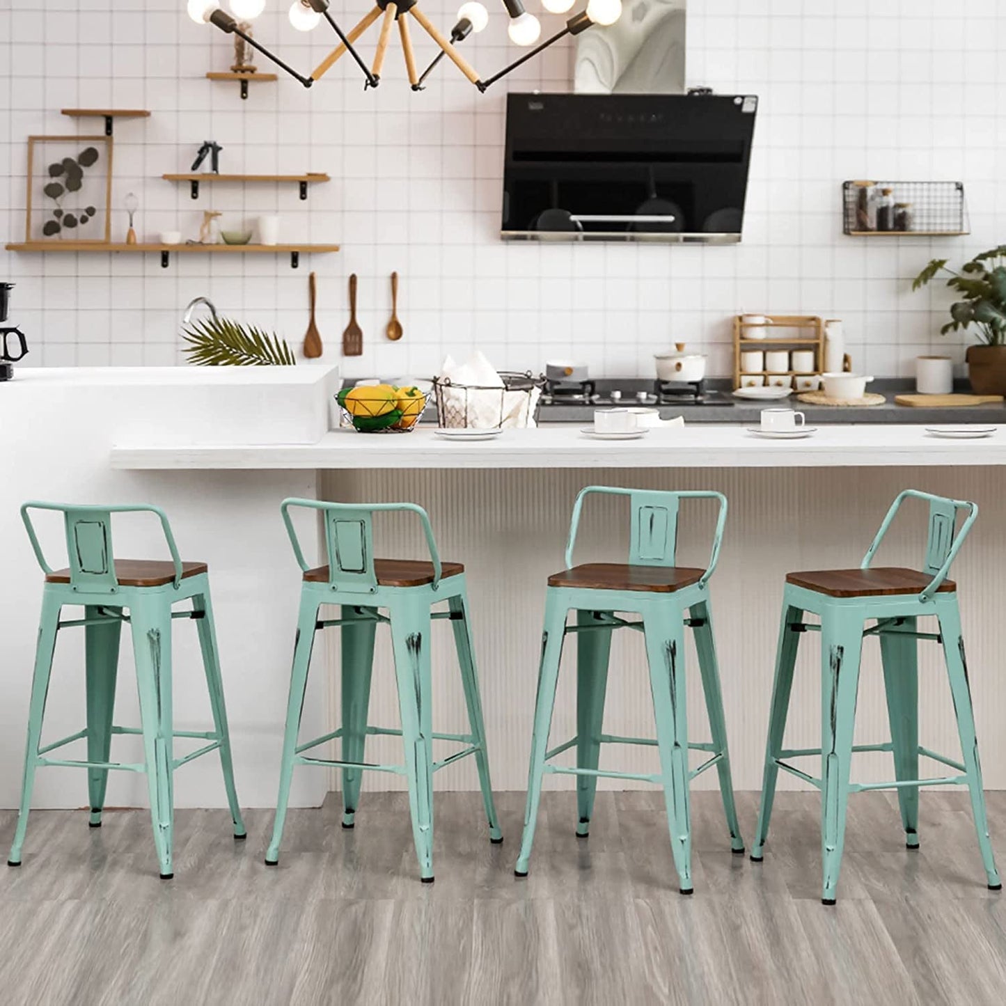Blue Industrial Metal Swivel Barstools, Set of 4-4