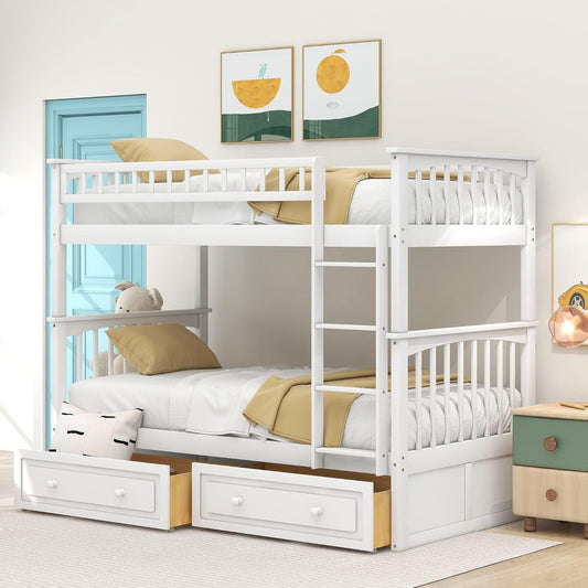 Harper & Bright Convertible Wood Twin-Over-Twin Bunk Bed with Storage Drawers and Ladder - Can Be Divided into Two Daybeds (White)-0