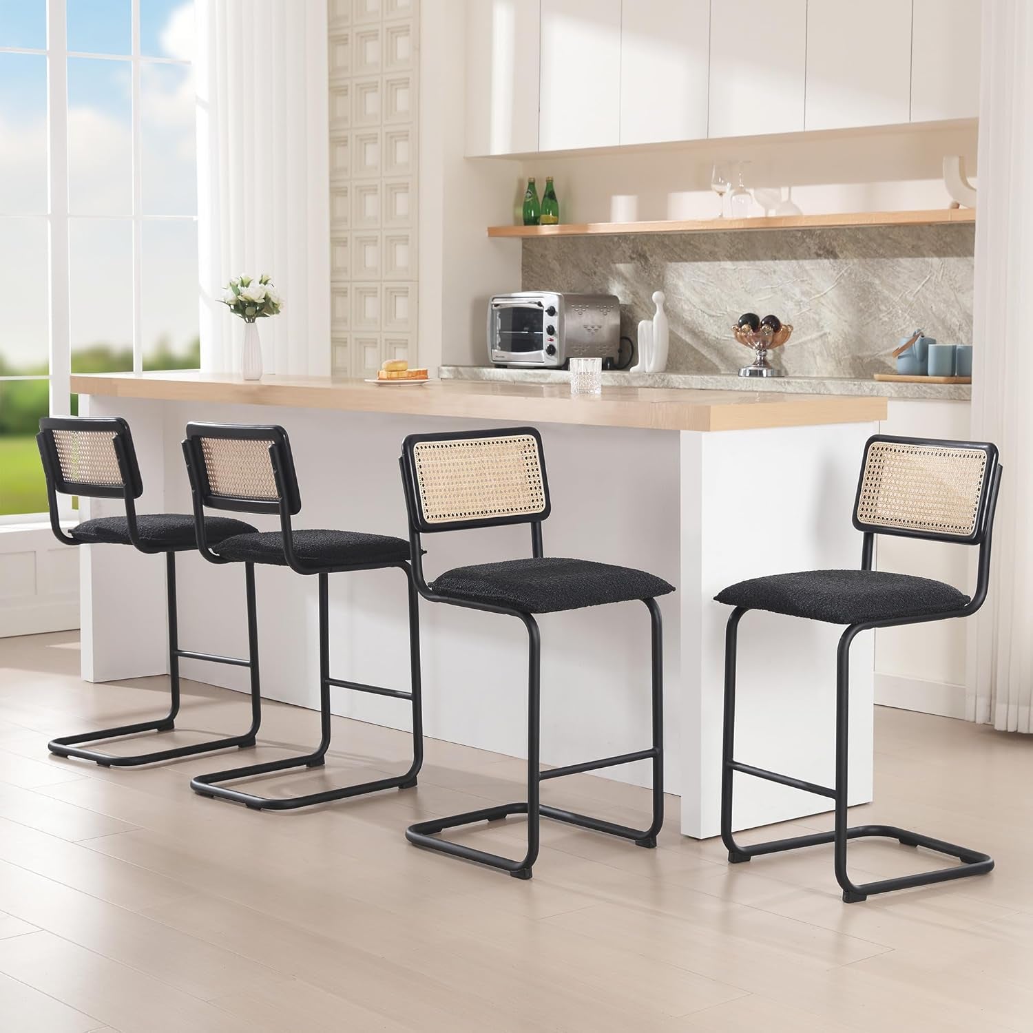 Boucle Bar Stools Counter Height Set of 4, 26'' Rattan Barstools with Wooden Back & Natural Cane Mesh, Mid Century Cantilevered Design Counter Stools for Kitchen Island, Chrome Base-0