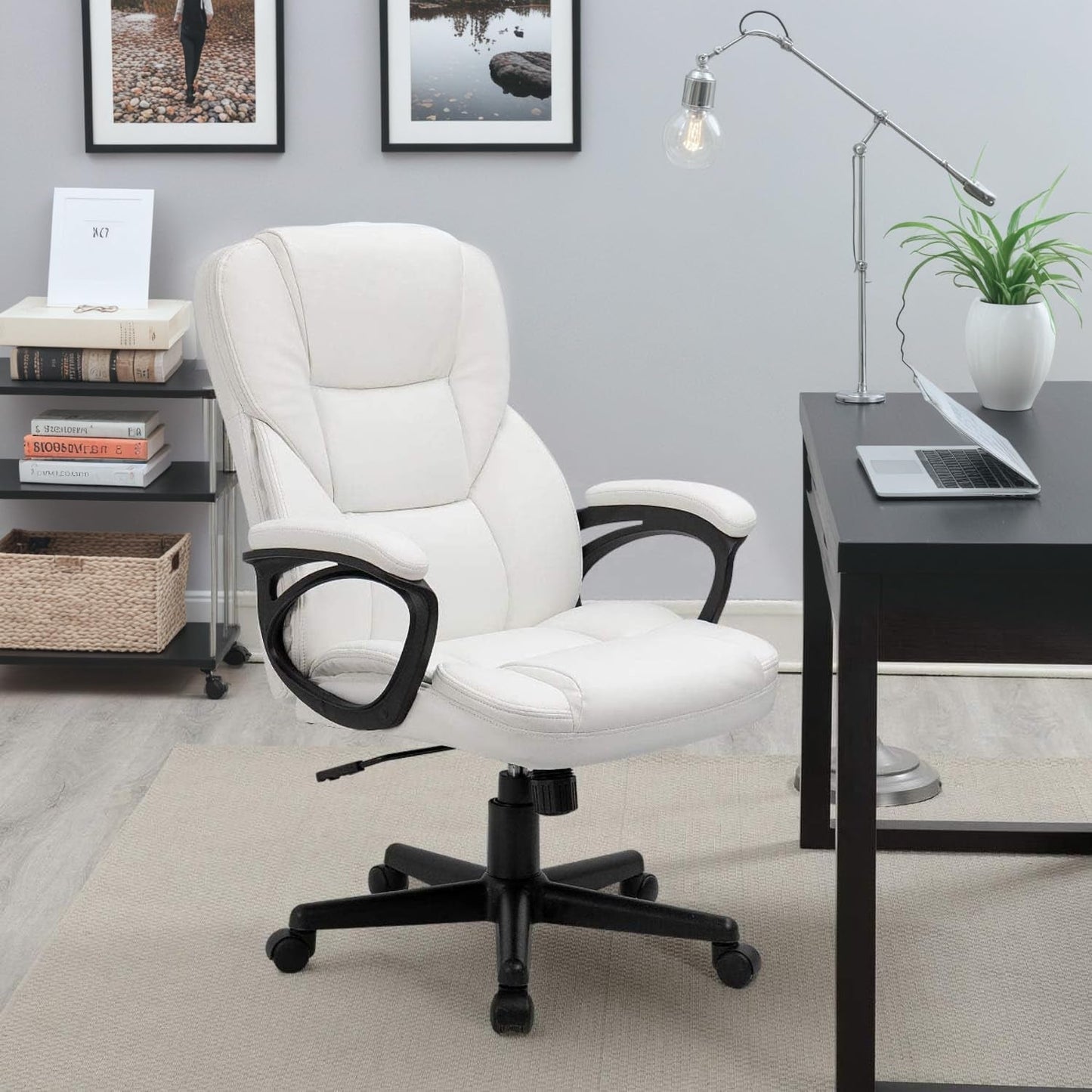 Office Executive Chair High Back Adjustable Managerial Home Desk Chair,Swivel Computer PU Leather Chair with Lumbar Support (White)-1