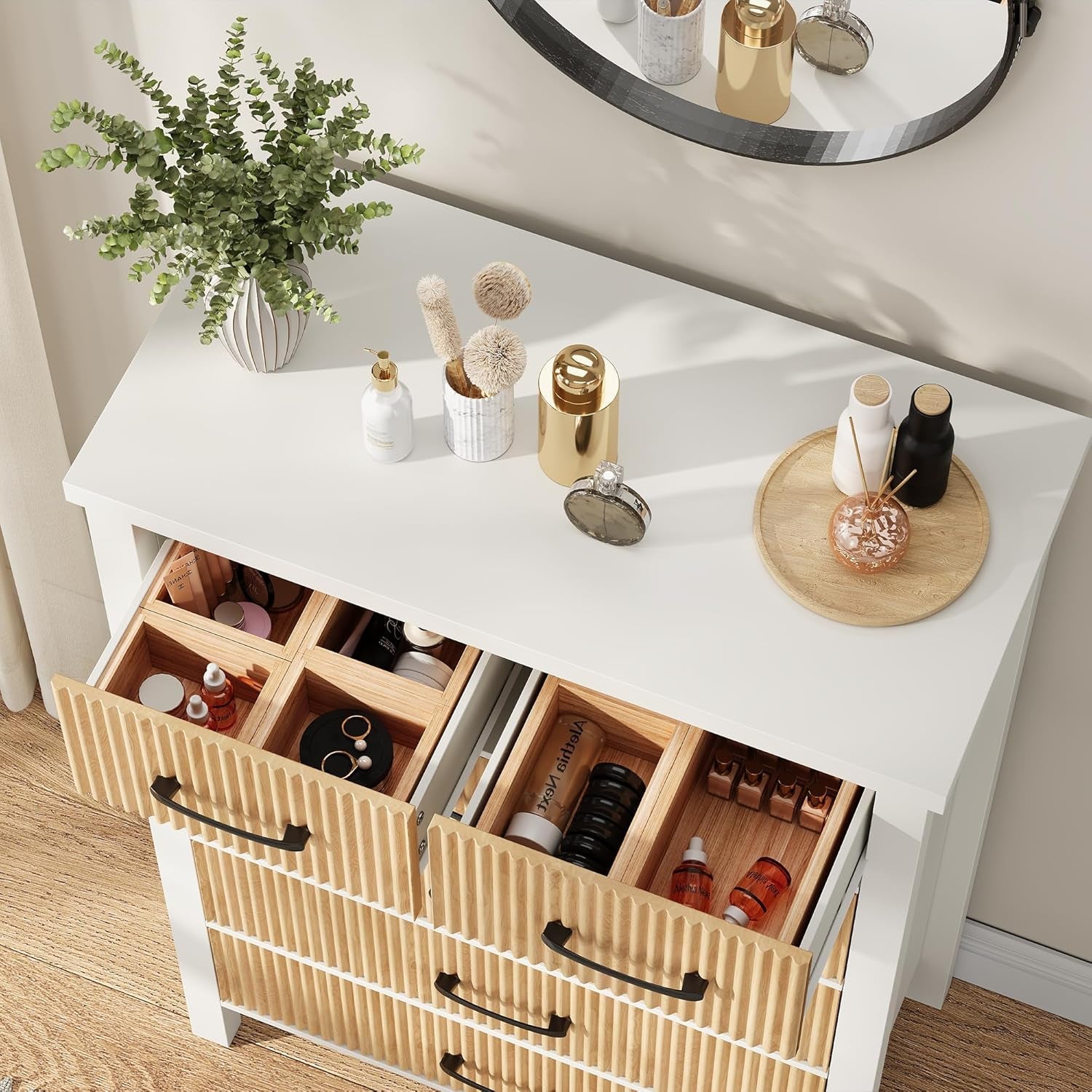 White 6 Drawer Fluted Dresser with Wood Legs-3