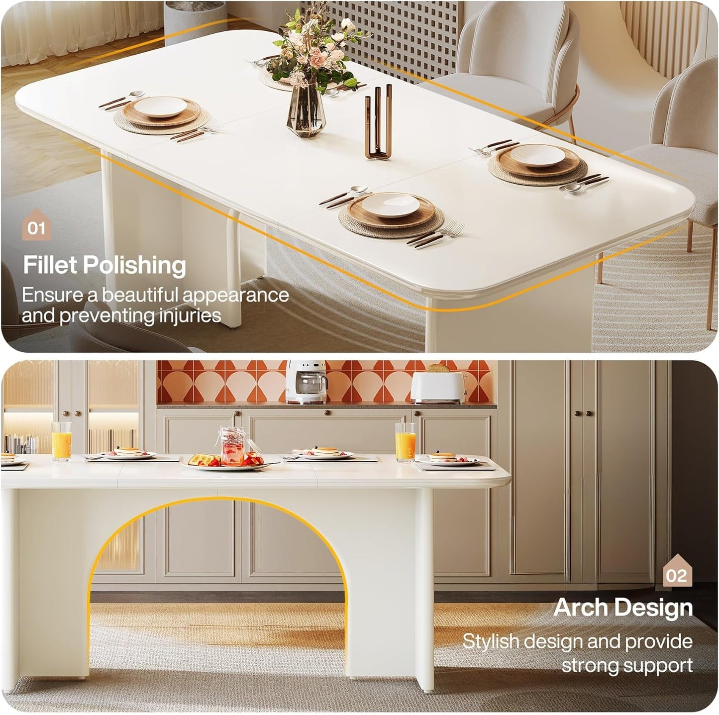 Modern Dining Table for 4-6 People, 62.99" Large Rectangle Kitchen Table with Arch Design Legs, Glossy White Dinner Table Kitchen & Dining Room Furniture-2