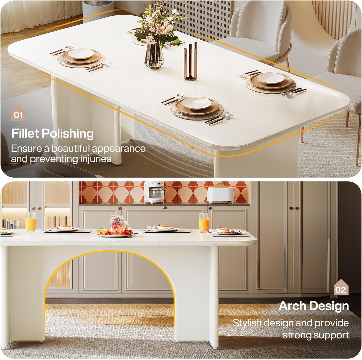 Modern Dining Table for 4-6 People, 62.99" Large Rectangle Kitchen Table with Arch Design Legs, Glossy White Dinner Table Kitchen & Dining Room Furniture-2