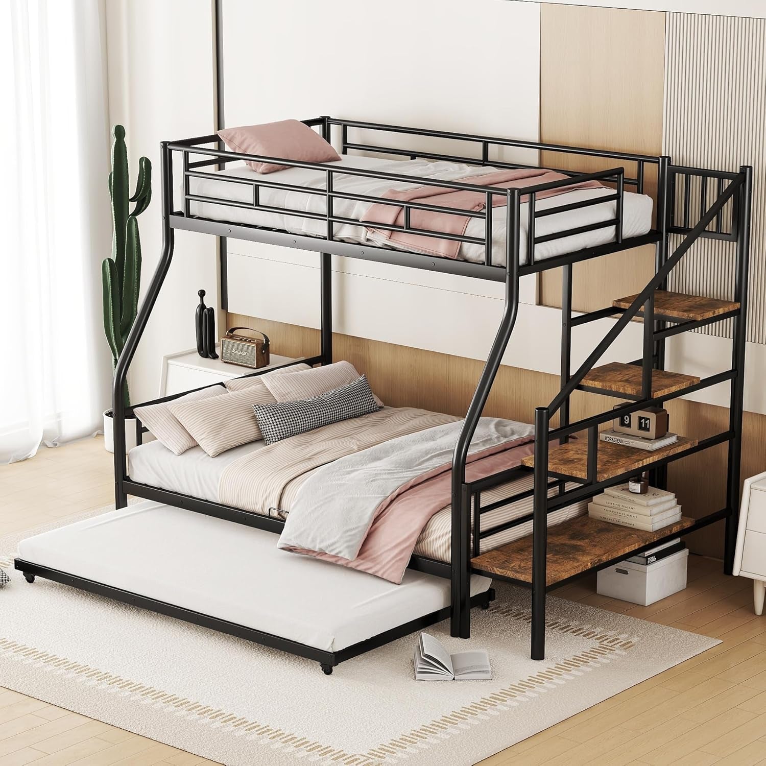 Twin over Full Metal Bunk Beds with Trundle,Heavy-Duty Metal Bunk Bed Frame with Storage Staircase for Kids,Teens,Adults,Space-Saving,Black-0