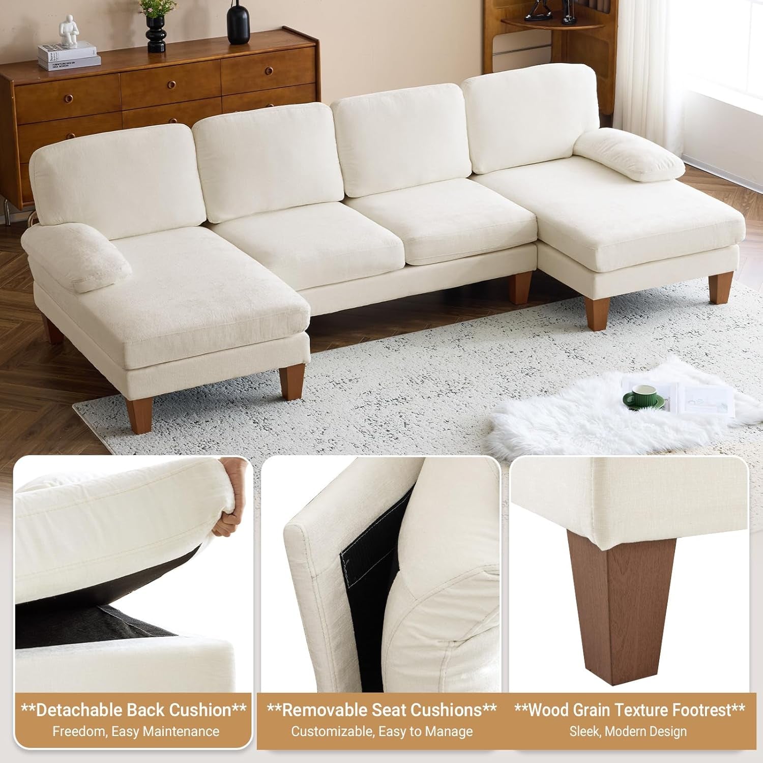 110" Sectional Couches for Living Room,U Shaped Couch with Double Chaise, 4-Seat Sofa Set with Chenille Fabric for Home Furniture,Beige-2