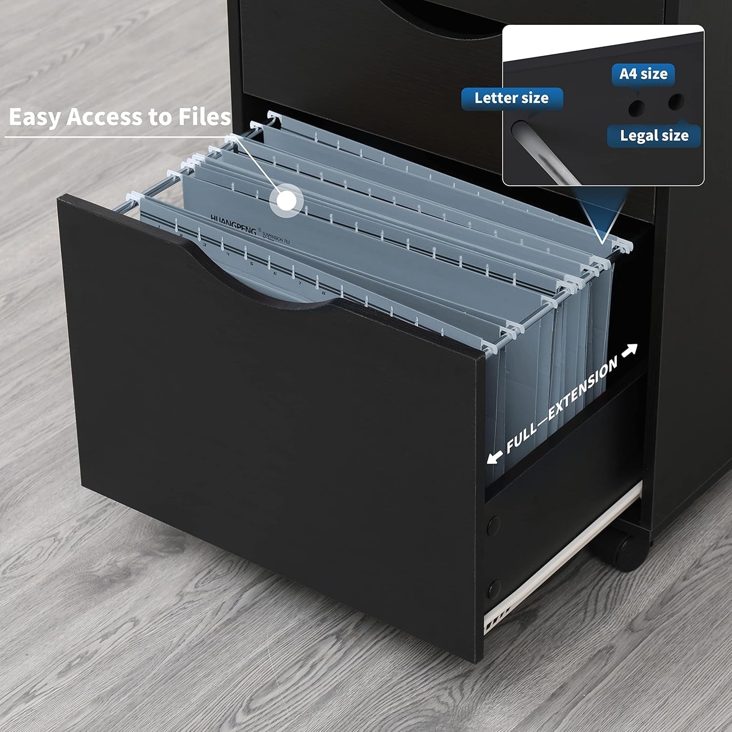 3 Drawer Mobile File Cabinet, Rolling Vertical Filing Cabinet Fits A4, Legal Paper and Letter Paper for Home Office, Black-3