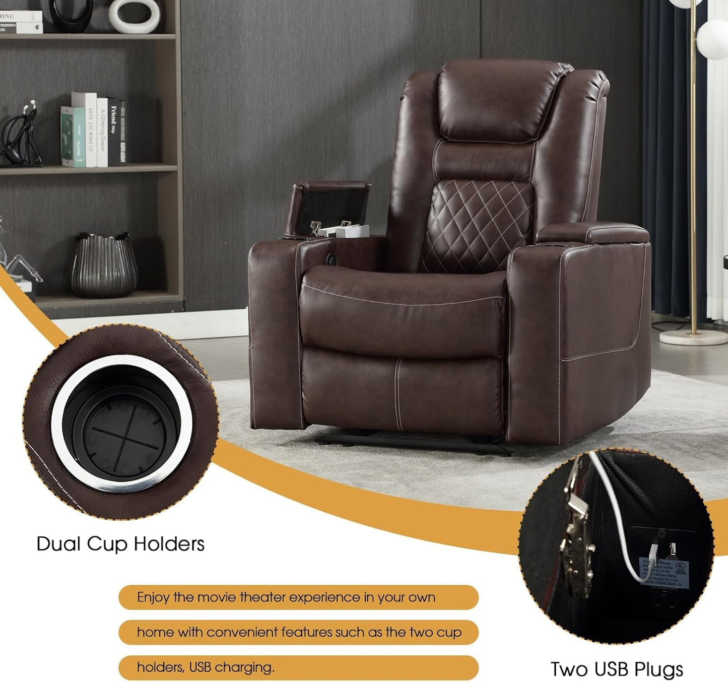 Electric Power Recliner Chair with USB Ports and Cup Holders, Breathable Leather Home Theater Seating with Hidden Arm Storage (Red Brown)-3
