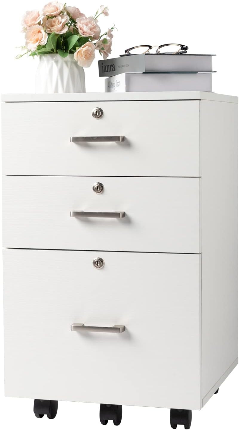 White Mobile File Cabinet, 3 Drawers, Lock-2
