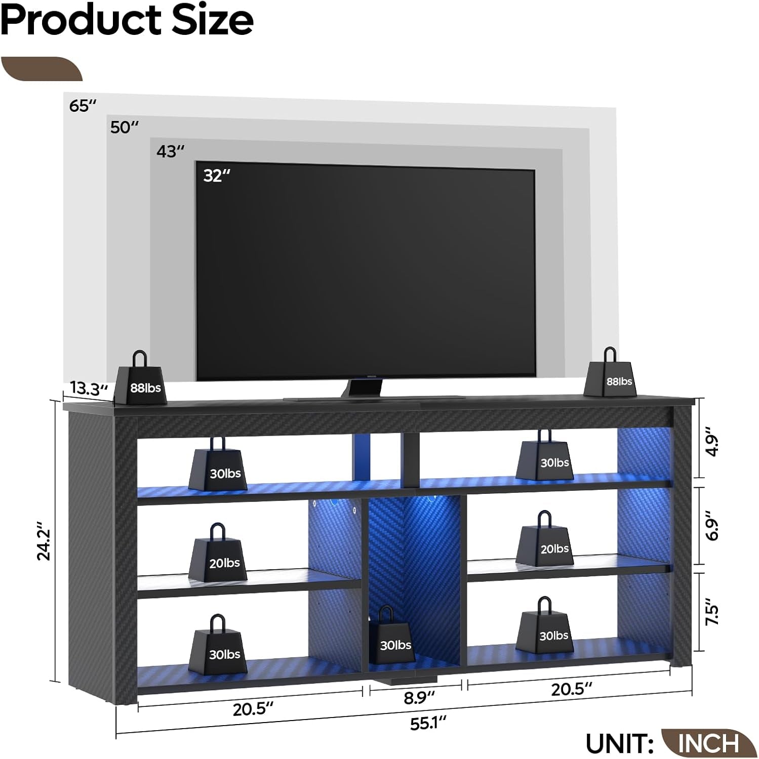LED Tall TV Stand, Entertainment Center for 55/60/65 Inch TV, Gaming TV Console with Storage for PS5, Adjustable Shelf Modern High TV Cabinet for Living Room Bedroom, Carbon Fiber Black-1