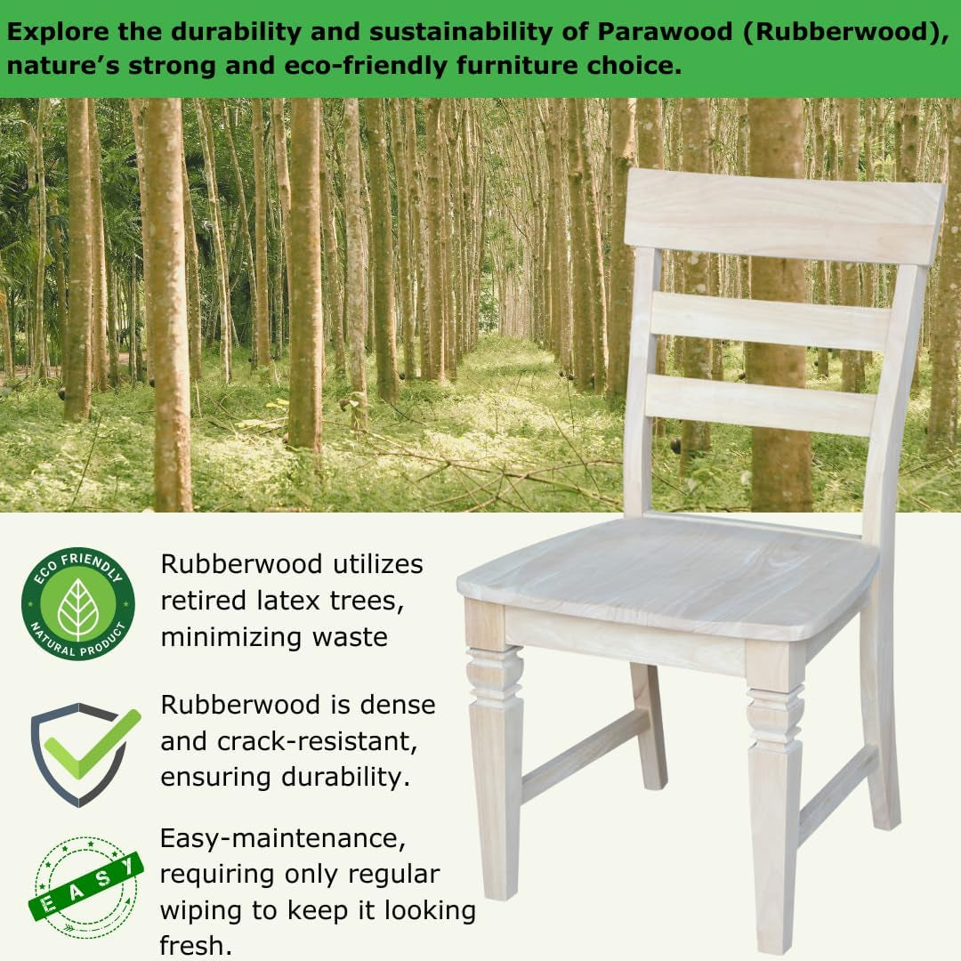 Set of Two Java Dining Chairs Seats 225Lbs Wt Capacity, Solid Real Wood, Sturdy Parawood, 19.7"W X 22"D X 36.6"H, DIY, Paint/Stain Ready, Unfinished-4